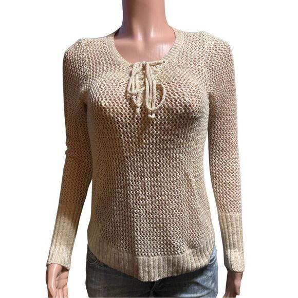 Ohmg crochet tan tie front crochet  pullover top S - Picture 6 of 7